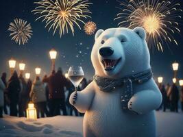 Cute Polar bear at a New Years celebration, AI generated photo