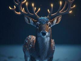 magic festive reindeer covered in glowing garland, AI Generated photo