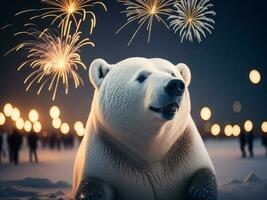 Cute Polar bear at a New Years celebration, AI generated photo