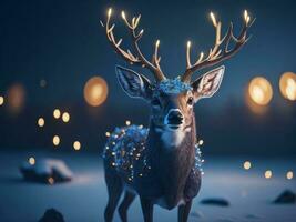 magic festive reindeer covered in glowing garland, AI Generated photo