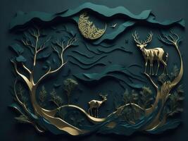mural wallpaper art with dark blue background, golden deer, trees, mountains and moon in the sky, photo