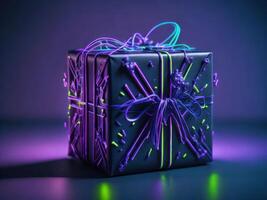 Magic neon light Cyber punk gift box, AI generated photo