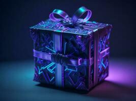 Magic neon light Cyber punk gift box, AI generated photo