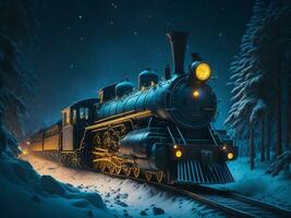 Old steam locomotive driving at fairy blue forest, Christmas background, AI generated photo