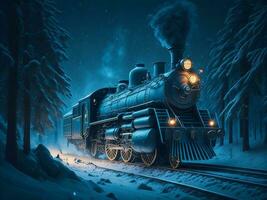 Old steam locomotive driving at fairy blue forest, Christmas background, AI generated photo