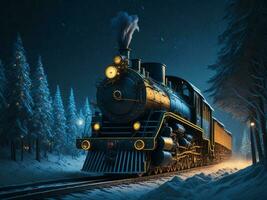 antiguo vapor locomotora conducción a hada azul bosque, Navidad fondo, ai generado foto