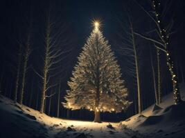 shining with golden lights Christmas tree. Generative AI photo