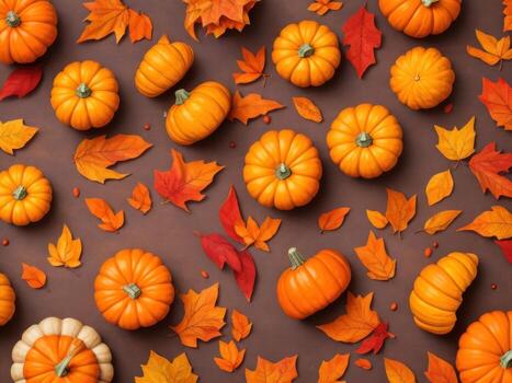 autumnal elements with pumpkins and leaves, photo