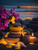 Spa treatment aromatherapy with candles, Stones and flowers for relax wellness photo