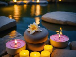 Spa treatment aromatherapy with candles, Stones and flowers for relax wellness photo