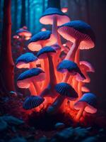Colorful, glowing mushrooms in a mystical forest. Created with software. photo