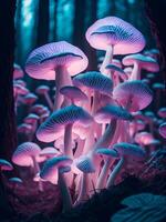 Colorful, glowing mushrooms in a mystical forest. Created with software. photo