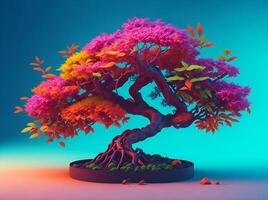 Beautiful Bonsai Tree in wooden pot on color background, created with technology. photo