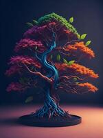 Beautiful Bonsai Tree in wooden pot on color background, created with technology. photo