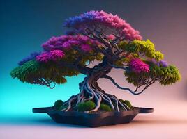 Beautiful Bonsai Tree in wooden pot on color background, created with technology. photo