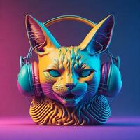 3d Illustration of a cat wearing headphones for icon or logo photo