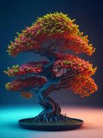 Beautiful Bonsai Tree in wooden pot on color background, created with technology. photo