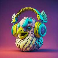 3d ilustración de un pollo vistiendo auriculares para icono o logo foto