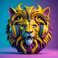 3d ilustración de un león cabeza vistiendo auriculares para icono o logo foto