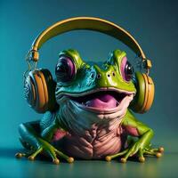 3d Illustration of a Frog wearing headphones for icon or logo photo