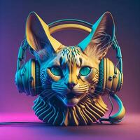 3d ilustración de un gato vistiendo auriculares para icono o logo foto