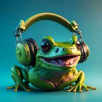 3d Illustration of a Frog wearing headphones for icon or logo photo