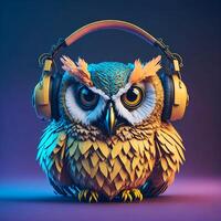 3d Illustration of a owl bird wearing headphones for icon or logo photo