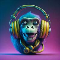 3d Illustration of a monkey wearing headphones for icon or logo photo