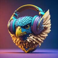 3d ilustración de un águila vistiendo auriculares para icono o logo foto