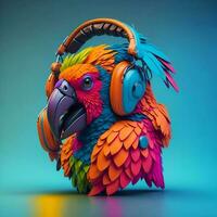 3d ilustración de un loro vistiendo auriculares para icono o logo foto