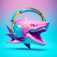 3d Illustration of a Shark wearing headphones for icon or logo photo