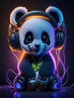 3d ilustración de un bebé panda vistiendo auriculares para icono o logo foto