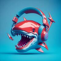 3d Illustration of a Shark wearing headphones for icon or logo photo