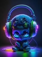 3d Illustration of a baby alien wearing headphones for icon or logo photo