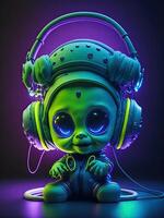 3d Illustration of a baby alien wearing headphones for icon or logo photo