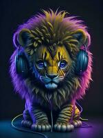 3d Illustration of a baby Lion wearing headphones for icon or logo photo