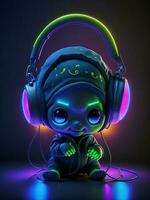 3d Illustration of a baby alien wearing headphones for icon or logo photo