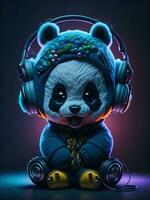 3d ilustración de un bebé panda vistiendo auriculares para icono o logo foto