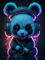 3d ilustración de un bebé panda vistiendo auriculares para icono o logo foto