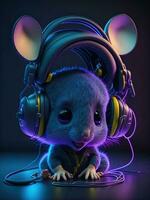 3d Illustration of a baby mouse wearing headphones for icon or logo photo