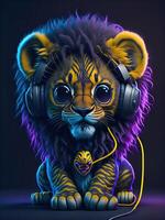 3d Illustration of a baby Lion wearing headphones for icon or logo photo