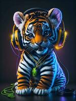 3d Illustration of a baby Tiger wearing headphones for icon or logo photo