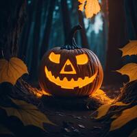 Halloween pumpkins and jack o lanterns on dark creepy background and beautiful misty atmosphere, Generative AI photo