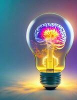 Ideas concept, brain inside the light bulb on colorful background photo