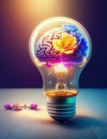 Ideas concept, brain inside the light bulb on colorful background photo