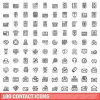 100 contact icons set, outline style vector