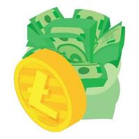 Litecoin cryptocurrency icon isometric vector. Gold litecoin coin near money bag vector