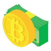 Bitcoin cryptocurrency icon isometric vector. Bitcoin coin and dollar bill stack vector