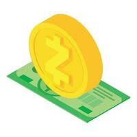 Zcash cryptocurrency icon isometric vector. Golden zcash coin on dollar banknote vector