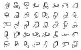 Hand holding phone icons set outline vector. Mobile chat vector